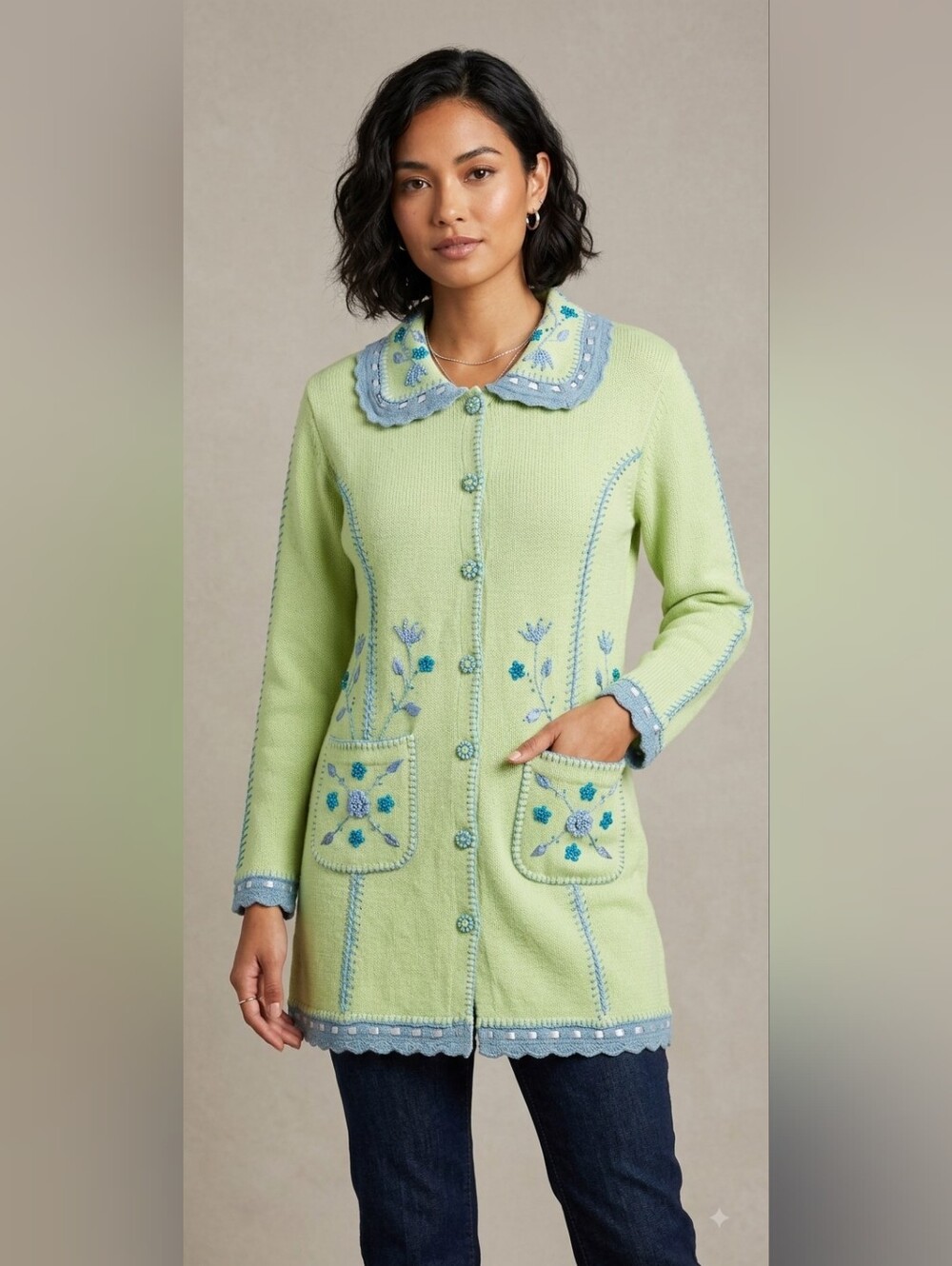 Vintage Green Floral Embroidered Women’s Cardigan Sweater